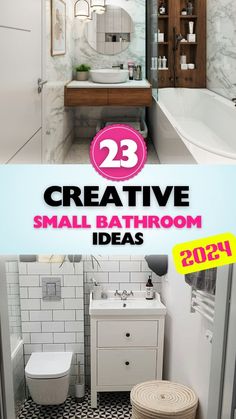 the bathroom is clean and ready to be used as a home decor item, with text overlay that reads 23 creative small bathroom ideas