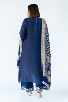 Blue tonal ombre kurta in an asymmetric silhouette. Comes with a banarasi dupatta featuring woven floral zari pattern and bandhej motifs. - Aza Fashions Blue Anarkali Dupatta For Formal Occasions, Formal Blue Dupatta, Festive Blue Salwar Kameez With Zari Weaving, Blue Kurta With Zari Weaving In Traditional Drape, Blue Kurta With Zari Weaving For Festivals, Blue Kurta With Zari Weaving For Diwali, Festive Blue Kurta With Zari Weaving, Elegant Blue Kurta With Dupatta, Elegant Blue Salwar Kameez With Pallu