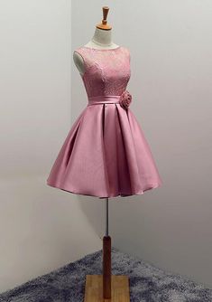 Lovely Lace and Satin Short Party Dress, Cute Homecoming Dress Cute Homecoming Dresses, Pink Homecoming Dress, Color Rush, Pink Formal Dresses, Short Party Dress, Satin Short, Evening Dresses Short, Knee Length Shorts, Short Prom Dress