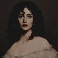 a painting of a woman with dark hair wearing a white dress and pearls on her necklace