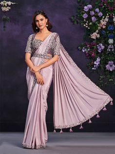 Lavendar Pure Crape Georgette Designer Wear Saree Elegant Semi-stitched Lavender Set, Fitted Purple Blouse Piece With Sequins, Purple Fitted Pre-draped Sequined Saree, Lavender Saree With Resham Embroidery For Wedding, Lavender Saree With Unstitched Blouse For Wedding, Fitted Lavender Saree With Zari Work, Lavender Resham Embroidery Saree For Wedding, Lavender Wedding Saree With Unstitched Blouse, Elegant Fitted Lavender Lehenga