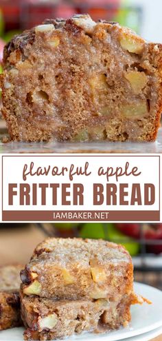 a close up of a piece of fruiter bread on a plate with apples in the background