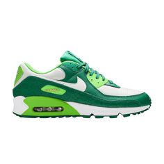 Find NIKE Air Max 90 'st. Patrick's Day on Editorialist. The Nike Air Max 90 ‘St. Patrick’s Day’ prepares for March 17 with a suitably festive palette that incorporates two different shades of green. The upper is constructed from breathable white mesh with leather overlays in Pine Green, including the shamrock-embossed mudguard. Mean Green accents land on the sneaker’s anterior eyelets, Nike branded heel patch and polyurethane midsole, featuring signature Air sole cushioning under the heel. Athletic Models, Mean Green, Cargo Khaki, Different Shades Of Green, Nike Brand, Mens Nike Air, Pine Green, March 17, Green Accents