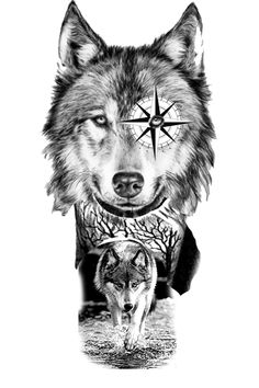 a drawing of a wolf with a compass on it's back