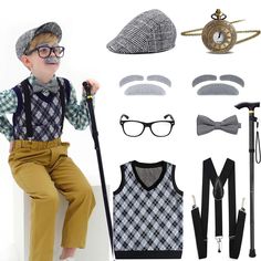 a young boy wearing glasses and suspenders sitting on top of a white wall next to accessories