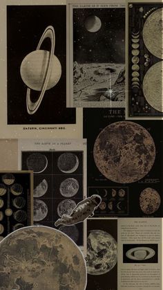 an old book with pictures of planets and other things in it's pages, including the moon