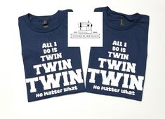 Show off your twin style in this fun tee! One shirt with heat transfer vinyl design. Rabbit Skins or Gildan - Toddler sizes - 2T, 3T, 4T, 5T Gildan - youth sizes - XS, S, M, L,  XL Double Trouble Twin Shirts, Twin Shirts, Vinyl Designs, Transfer Vinyl, Toddler Sizes, Cool Tees, Heat Transfer Vinyl, Heat Transfer, Jay