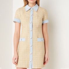 Us 38 (Medium) **Price Fixed** Sfpro00985 Beige Tweed Workwear Dress, Beige Knee-length Tweed Dress For Spring, Summer Short Sleeve Tweed Dress, Beige Mini-length Tweed Dress, Beige Tweed Mini Dress, Beige Mini Tweed Dress, Spring Fitted Tweed Dress, Summer Tweed Dress With Buttons, Fitted Tweed Dress For Spring