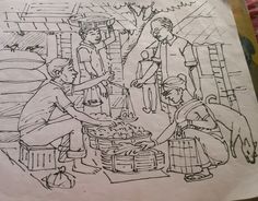 a drawing of some people cooking food in a kitchen with other people standing around it