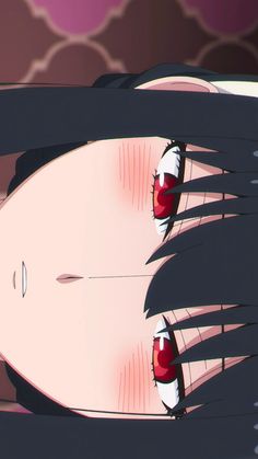 an anime character with red eyes and black hair looking at the camera from behind her