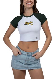 Let everyone know who you root for in this Baylor Bears White Homerun Raglan Short Sleeve T-Shirt! This Baylor Short Sleeve Tee features a screen print team name on center chest. Contrast color sleeves, Contrast color neck band, Finished hemlines, Raglan sleeves, 95% Cotton - 5% Spandex, 4 White Fitted T-shirt With Team Spirit, Fitted Green Tops For College, Green Tops With Logo For Sports Events, Fitted Cotton T-shirt With Team Spirit Style, Green Tops With Logo Print For Sports Events, Casual Fitted Top For Fan Merchandise, Fitted Collegiate Top With Graphic Print, Fitted Collegiate Letter Print Top, Fitted Collegiate Top With Letter Print