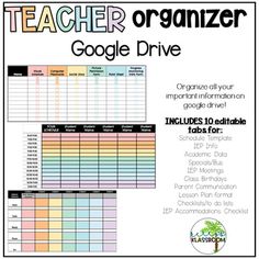 the teacher organizer for google drive is shown in black and white, with colorful text