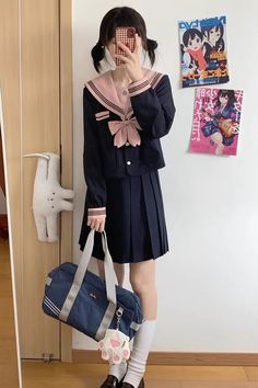 Dark Blue Sailor Collar Long Sleeves Sweet Japanese School Skirt Set – LolitaInside Japanese Girl Outfits, Cute Japanese Outfits, Japanese School Outfits, Kawaii School Uniform, Aesthetic Uniform, Japanese Style Dress, Skirt Accessories, Japanese Uniform, Houndstooth Pencil Skirt