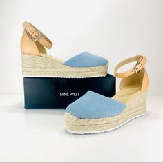 Nine West Ariela 3 Natural & Light Denim Multi Texture Espadrille Wedges, Padded Footbed, Strap Around The Ankle With A Buckle Closure, Size 10. New In Box, No Lid Please, Zoom-In Pictures For The Best Description And Details (A Picture Says More Than A Thousand Words) And Ask Any Clarifying Question Or Concern That You Might Have. Casual Fitted Wedge Heels, Casual Sandals With Snug Fit And Round Toe, Casual Heels With Woven Sole And Medium Width, Casual Denim Blue Heels With Round Toe, Casual Blue Sandals Medium Width, Nine West Shoes, Light Denim, Womens Shoes Wedges, Espadrilles Wedges