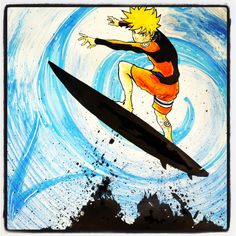 a drawing of a man on a surfboard in the air