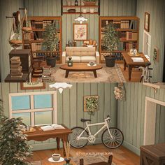 a living room filled with furniture and bookshelves next to a window covered in potted plants