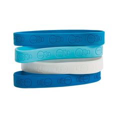 three blue and white wristbands with the word cool on them