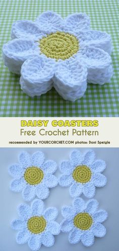 crocheted daisy coasters with text overlay that says daisy coasters free crochet pattern