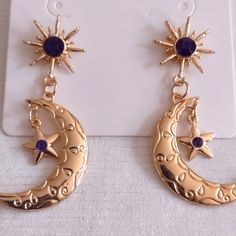 Style: Constellation Color Gold And Purple Dangles Gemstone Details Purple And Gold Fashion, Purple Gold Jewelry, Dark Gold Jewelry, Constellation Accessories, Gold And Purple Aesthetic, Purple And Gold Aesthetic, Purple And Gold Outfit, Celestial Accessories, Brooke Core