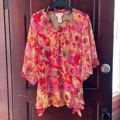 Polyester Large Nwot Length Shoulder To Hem Center 29.5” To Sides 32” Sleeves 16” Bust 21” Pink Tunic Top For Spring, Pink Tunic Top For Summer, New Woman, Screen Shot, Flutter Sleeve, Pink And Orange, Top Blouse, Womens Tops, Floral