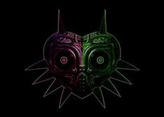 two masks with spikes on their faces are shown in green and purple light against a black background