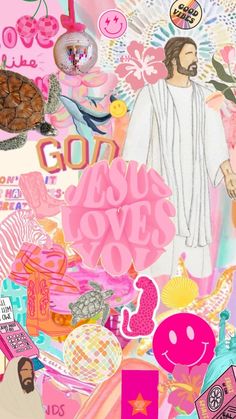 a collage of jesus loves you with pink and blue colors on the bottom right hand corner