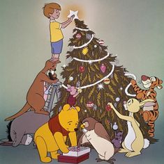 winnie the pooh christmas tree surrounded by other cartoon characters and an animated character on it