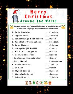 a merry christmas around the world game with words and pictures on it, including santa's sleigh