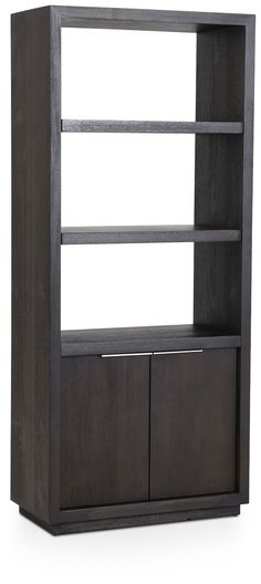 a bookcase with two drawers and one door on the bottom, in dark wood