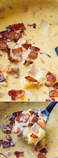 two pictures of bacon and cheese soup in a pot with a ladle full of it