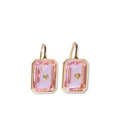 Tile Earrings in Pale Pink. Gold-plated earwires with light pink rectangular glass stones and tiny peridot gems. Gold-plated Yellow Gold Earrings With Gemstone Accents, Single Pink 14k Gold Earring, Yellow Gold Earrings With Gemstone Accents For Party, Pink Faceted Earrings For Gift, 14k Gold Drop Earrings With Gemstone Accents, Pink Faceted Drop Earrings, Pink Earrings With Gemstone Accents For Gift, Pink Gemstone Accents Earrings For Gifts, Pink Gemstone Accented Earrings For Gift