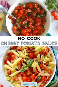 two bowls filled with cherry tomato sauce and one bowl full of pasta, the other containing tomatoes