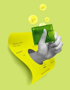 a hand holding a green wallet with money flying out of it on top of a yellow background