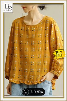 Plus Size - Women Loose Plaid Agaric Cotton Linen Laces T-shirt Куклы American Girl, Look Con Short, Yellow Clothes, Mode Kimono, Lace Tshirt, Lace Tee, Plus Size Vintage, Creation Couture, Maxi Robes