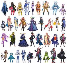 an image of anime characters in various poses and colors on a white background, all with different outfits