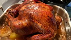 a roasted turkey in a roasting pan with potatoes