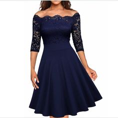 This Stunning Navy Formal Dress Can Actually Be Worn Both Off Shoulders, Or Pulled Up For A More Modest Look. Features Silicone-Lined Shoulder Straps For Stay-Put Wear & A Zippered Side. The Fit & Flare Shape Is Very Flattering, Especially For Ladies With Curves! Brand New With Tags! Width P2p 17.5 Waist 15.5 Skirt Length 24 Feel Free To Ask Any Additional Questions! I Am Friendly & Flexible With Offers. Create Even Bigger Discounts With A Bundle! Burgundy Clothing, Lace Wedding Guest Dress, Wedding Guest Dress Midi, Women Lace Dress, Elegant Sophisticated, Off Shoulder Fashion, Lace Dress Black, Cocktail Dress Lace, Knee Length Dresses