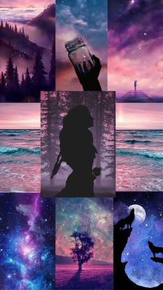 the silhouettes of people are shown in this collage with stars and galaxy background