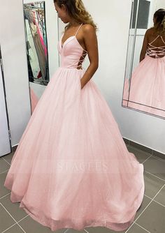 A-line V Neck Spaghetti Straps Long/Floor-Length Glitter Prom Dress With Pockets - Prom Dresses - Stacees Prom Big Dresses, Grade 7 Farewell Dresses Long, Prom Dress For Blondes, Prom Dress Light Pink, Pink Glitter Prom Dress, Pink Grad Dress, Prom Dresses Princess Style, Prom Dresses Poofy, Pink Ball Dresses