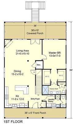 the first floor plan for a small cabin home with lofts and living quarters,