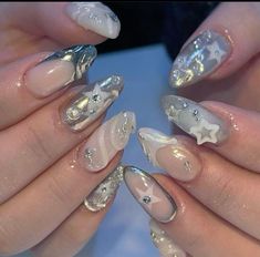 Aespa Core Nails, Txt Inspired Nails, Silver Star Nails, Aespa Nails, Quartz Nails, Fake Nails Designs, Punk Nails, Diy Acrylic Nails, Cute Nail Art Designs