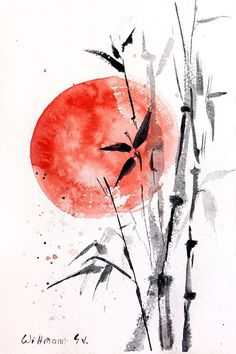 the painting is done in watercolor and ink with red sun behind bamboo branches on white paper