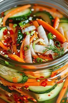 a glass jar filled with sliced vegetables and seasoning sitting on top of a table