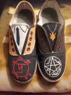 two pairs of shoes with different designs on them