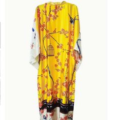 Bright, Yellow Satiny Feel Long Kimono, Caged Bird, Motif On Back Yellow Long Kimono For Summer, Yellow Printed Kimono For Summer, Summer Yellow Printed Kimono, Yellow Printed Kimono For Spring, Spring Yellow Printed Kimono, Yellow Printed Spring Kimono, Open Poncho, Kimono Swim Cover Up, Caged Bird