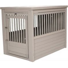 a gray dog crate with the door open to show it's side and sides