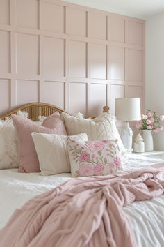 40+ Beautiful Board and Batten Wall Designs for Your Dream Bedroom Light Pink Board And Batten, What To Do With A Plain Wall In Bedroom, Wallpaper For Teens Bedroom, Bedrooms With Pink Accents, Pink Wall Inspo Bedroom, Kids Room Board And Batten, Blush Accent Wall Bedroom, Wooden Design On Wall, Toddler Floral Bedroom