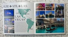 an open magazine with images of las vegas and the surrounding area on it's cover