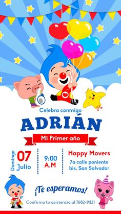 an advertisement for children's birthday party with cartoon characters and balloons in the sky