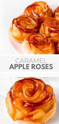 caramel apple roses on a white plate with text overlay that says caramel apple roses